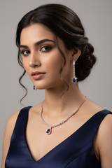 925 Sterling Silver Rose Gold Sapphire Blue Necklace Set