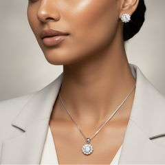 Silver Floral Solitaire Pendant Set