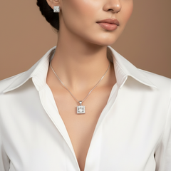 Silver Square Solitaire Pendant Set