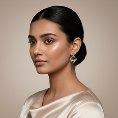 Woman wearing Silver Rhombus Radiance Danglers