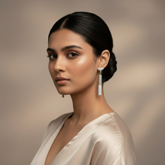 Woman wearing Silver Sleek Modern Dangles