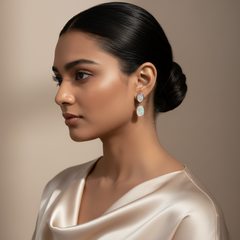 Woman wearing Rosegold Spirit Mother of Pearl Dangles