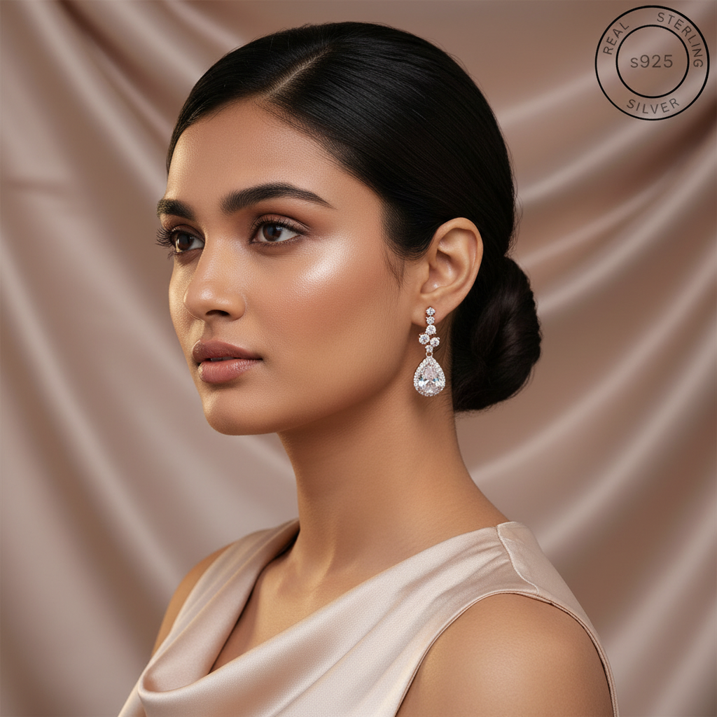 Woman wearing a Rosegold CZ Zircon Drop Danglers