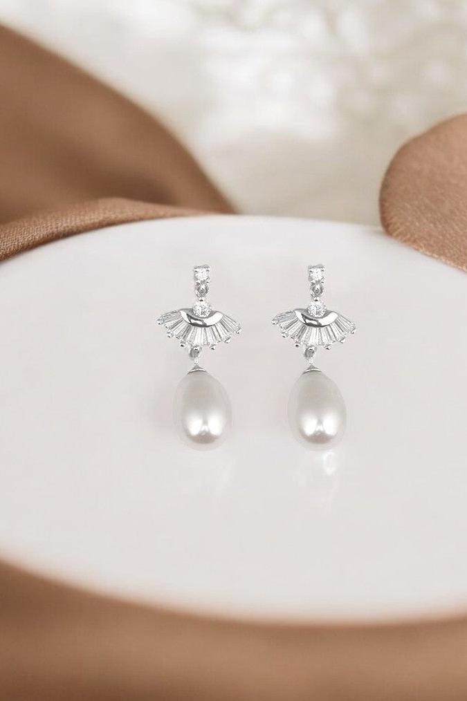 Silver Zircon Pearl Drop Dangles