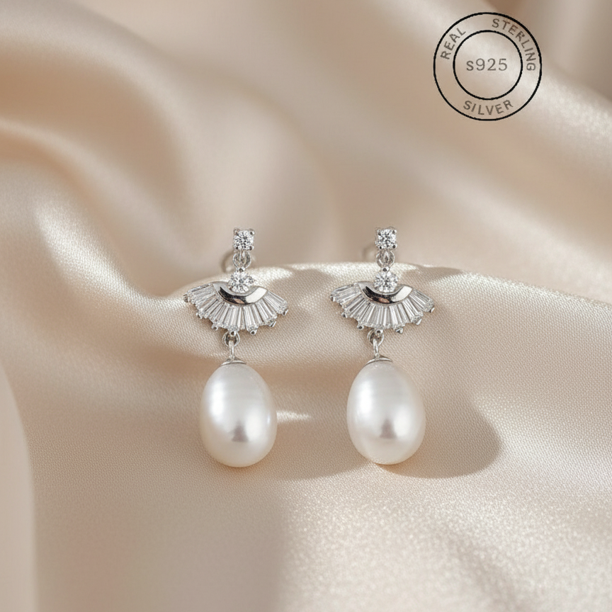 Silver Zircon Pearl Drop Dangles