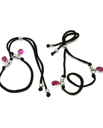 925 Sterling Silver Charm Ruby Red Thread Anklet