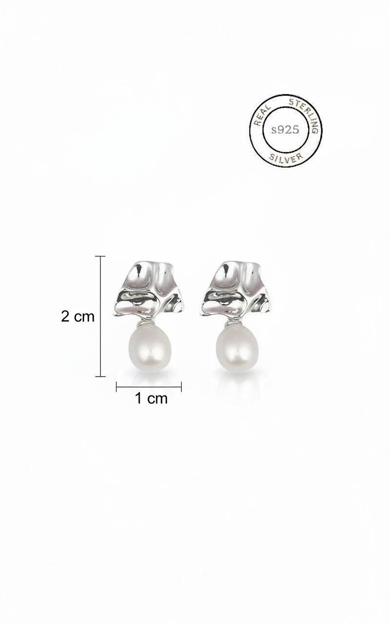 Silver earrings with pearls and measurement details on a white background