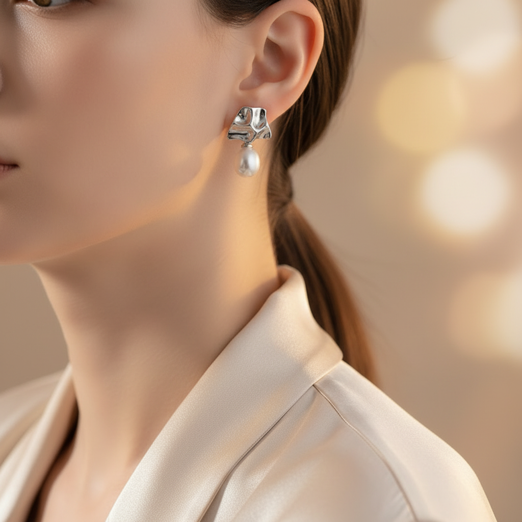 Close-up of a woman wearing Silver Lava Pearl Drop Dangles