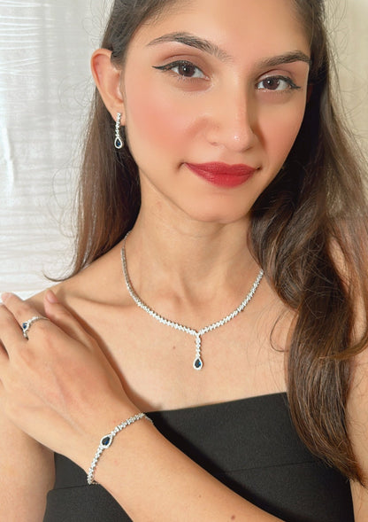 925 Sterling Silver Sapphire Blue Necklace set with Bracelet and Ring