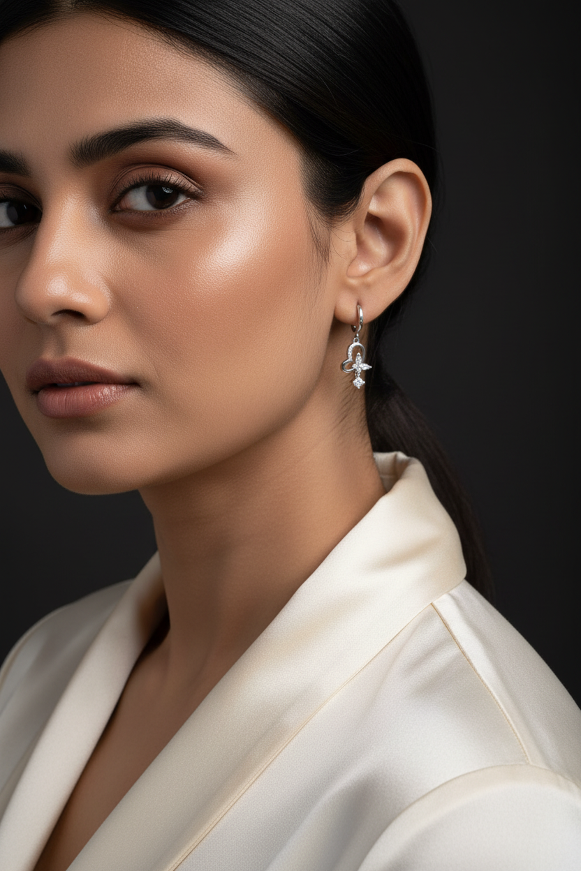 A close-up of a person's ear wearing a silver huggie hoop earring with a dangling heart-shaped charm and clear crystal accents.
