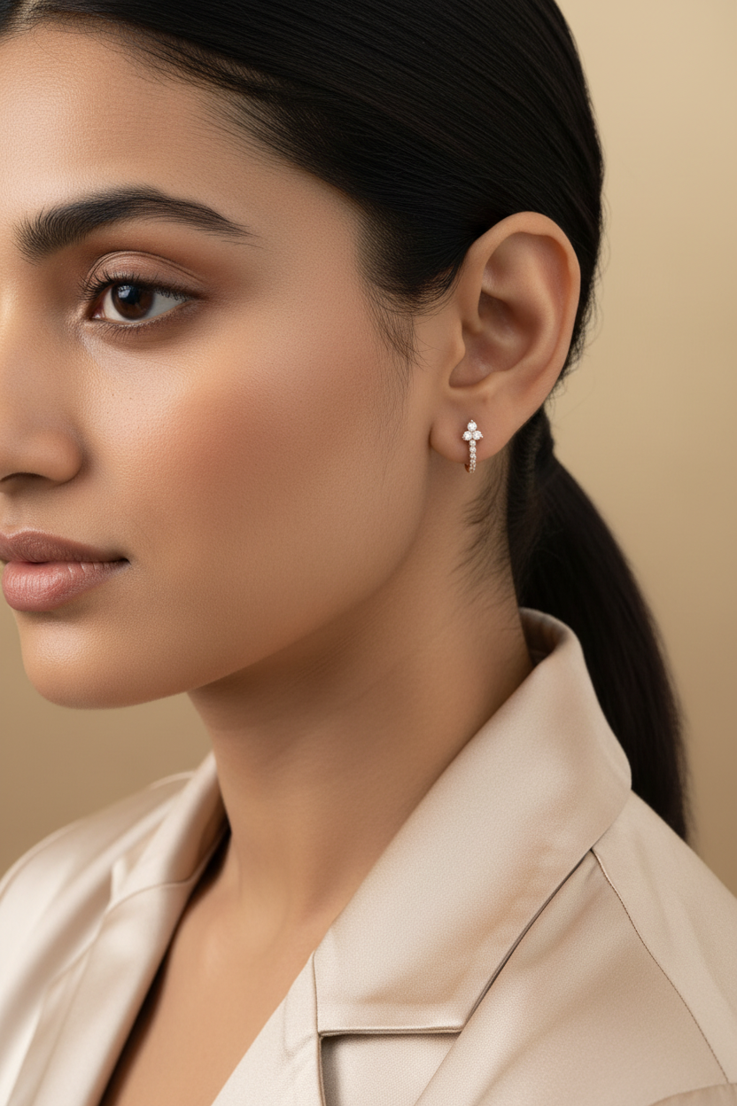 A close-up of a person's ear wearing a small silver cross stud earring with clear stones.