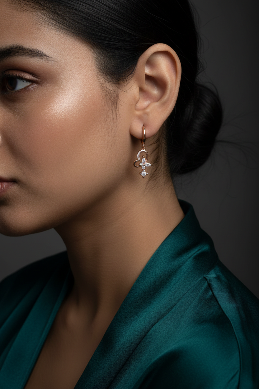 A close-up of a person's ear wearing a rose gold huggie hoop earring with a dangling heart-shaped and floral charm.
