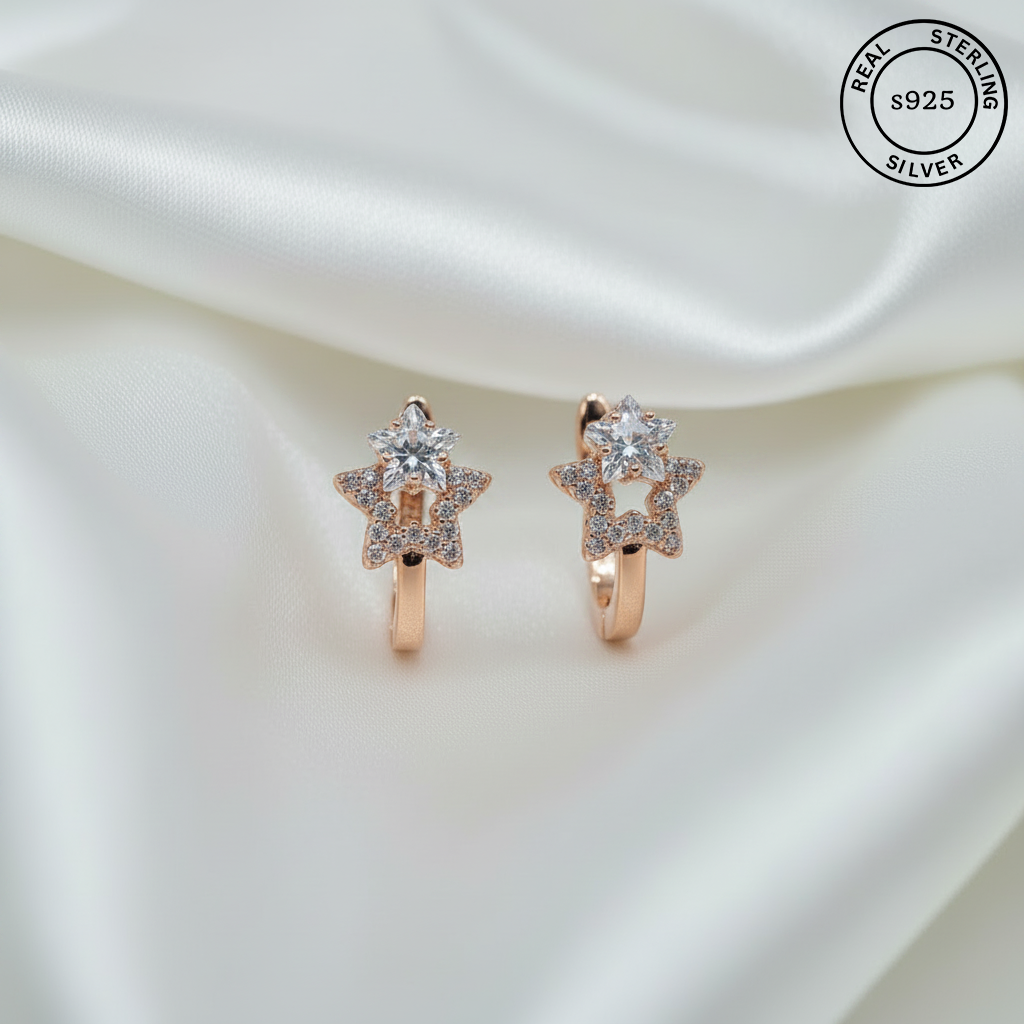 925 Sterling Silver Rosegold Celeste Twin Star Huggie Hoop Earrings