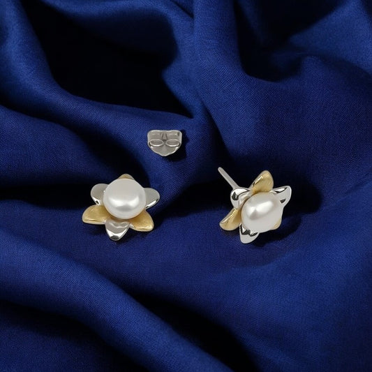 Silver Floral Pearl Studs