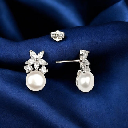 Silver Floral Pearl Studs