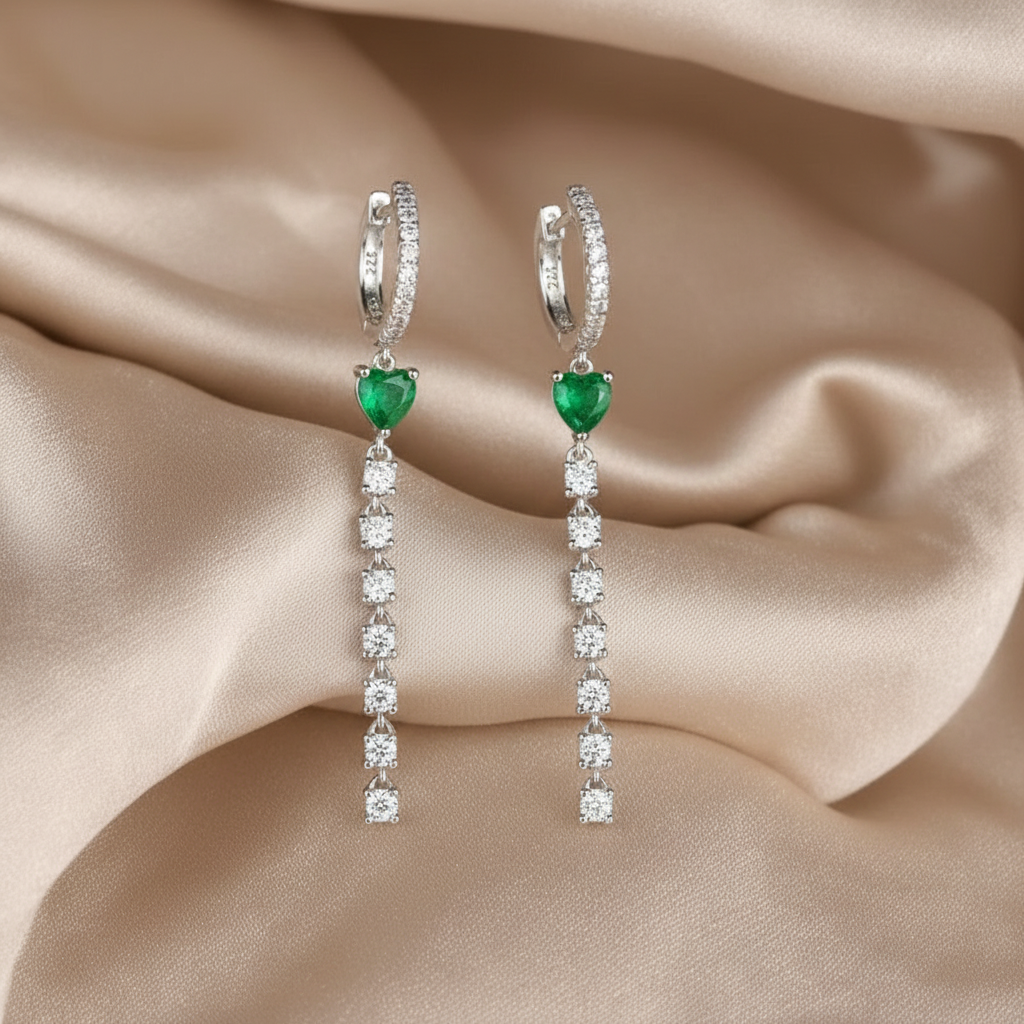 Silver Emerald Green Hoop Earrings