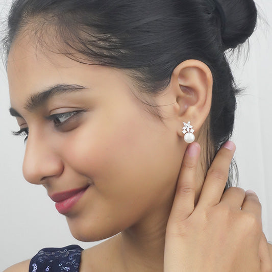 Silver Floral Pearl Studs