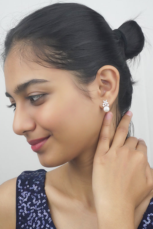 Silver Floral Pearl Studs