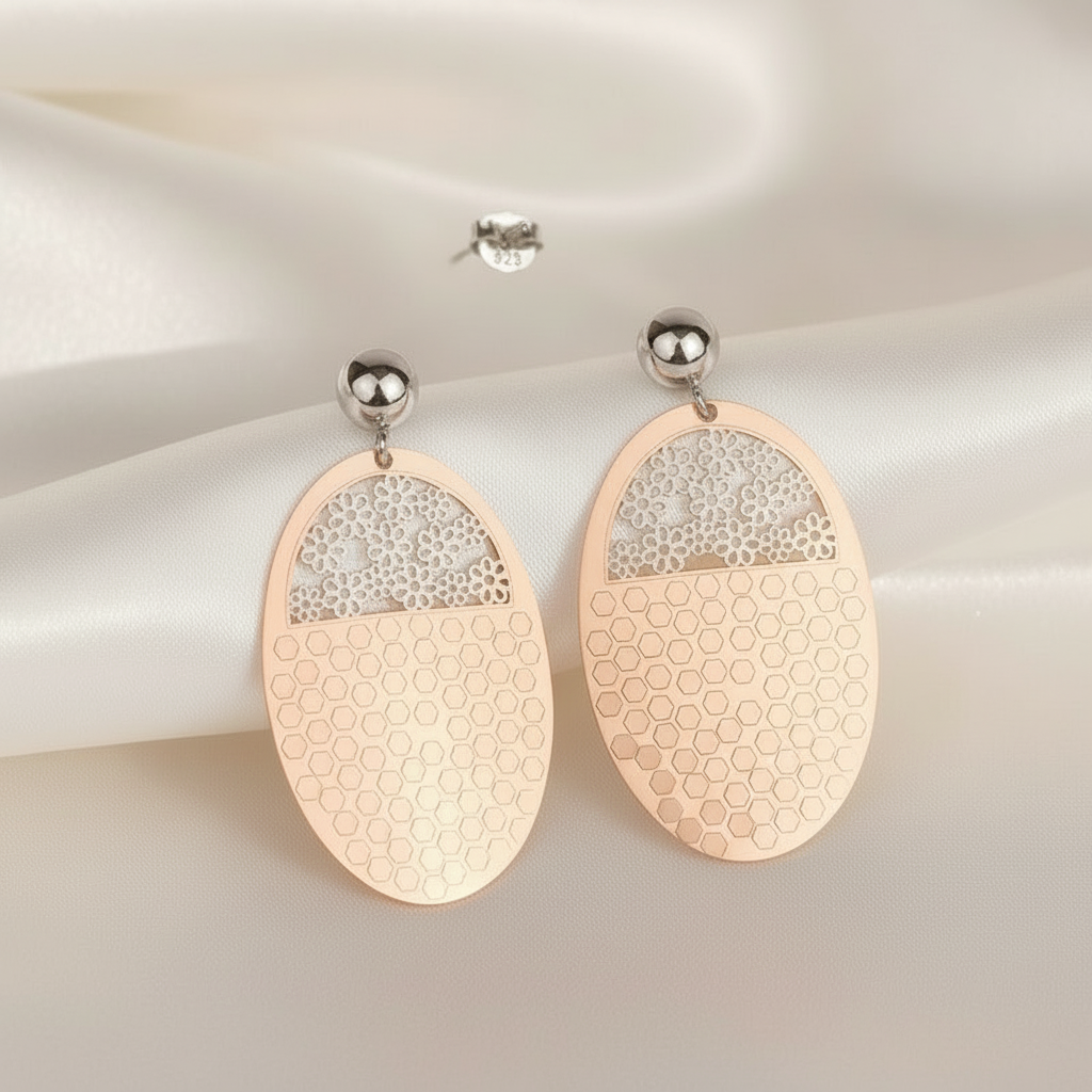 Pair of earrings with rose gold and silver design Rose Gold 925 Sterling Silver Oval Dangles