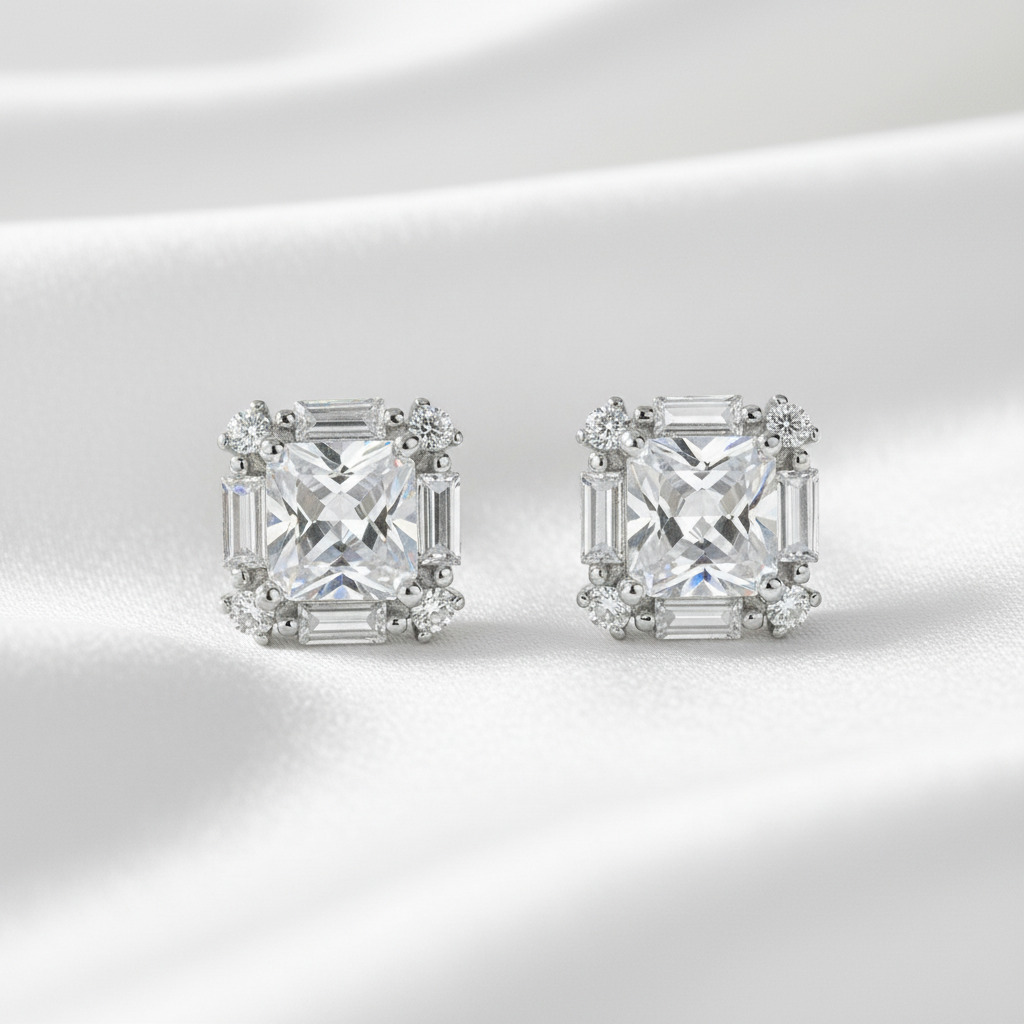 925 Sterling Silver Princess Cut Zircon Studs