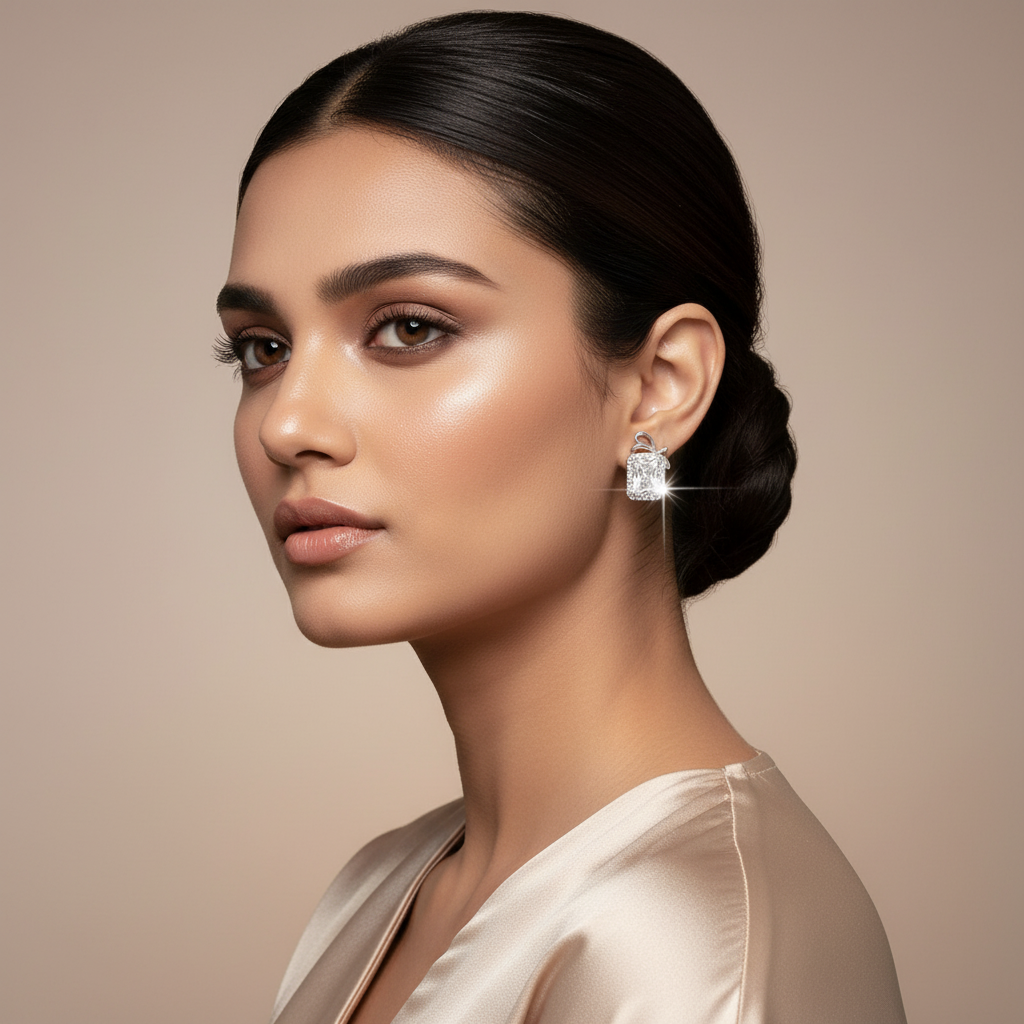 Woman wearing 925 Sterling Silver Bow Emerald Cut Studs