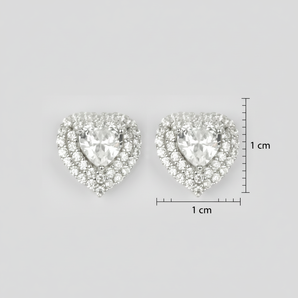 Heart-shaped crystal earrings with size measurement 