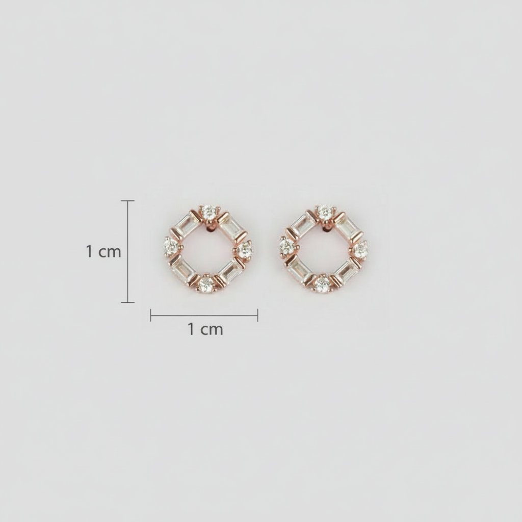 Rose gold earrings with zircon stones accompanied by measurement markers.