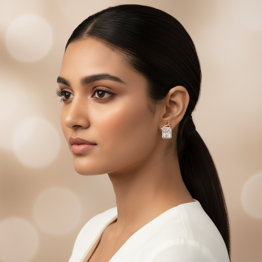 Woman wearing 925 Sterling Rosegold Bow Emerald Cut Studs