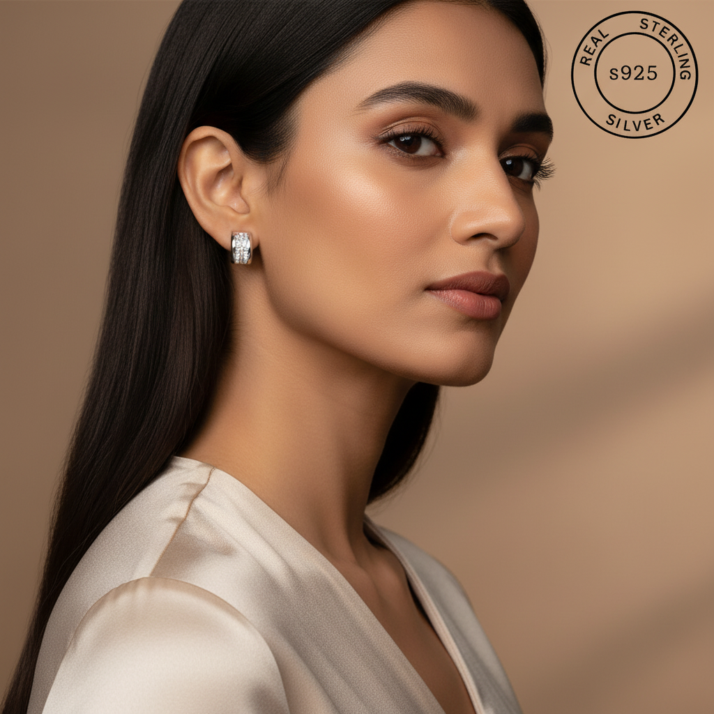 Woman wearing 925 Sterling Silver Huggie Hoop Earrings