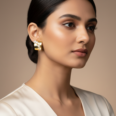 Woman wearing 925 Sterling Silver Golden Modern Statement Studs