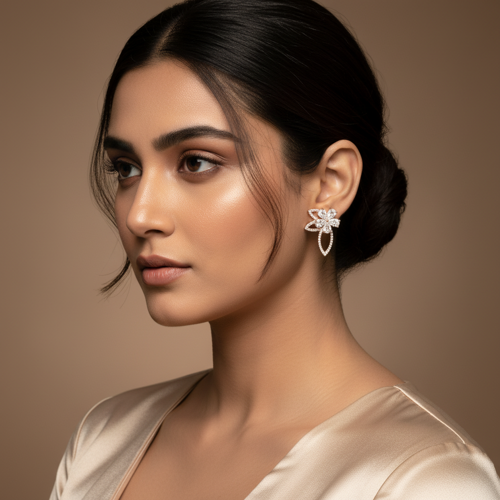 Woman wearing 925 Sterling Rosegold Floral Drop Earrings