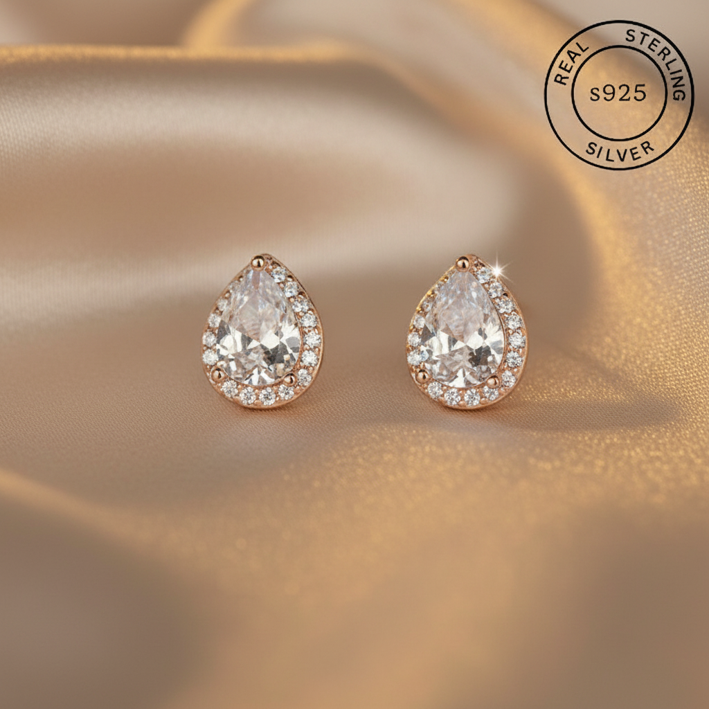 Teardrop-shaped earrings with rose gold , featuring 'Real Sterling Silver 925' stamp.