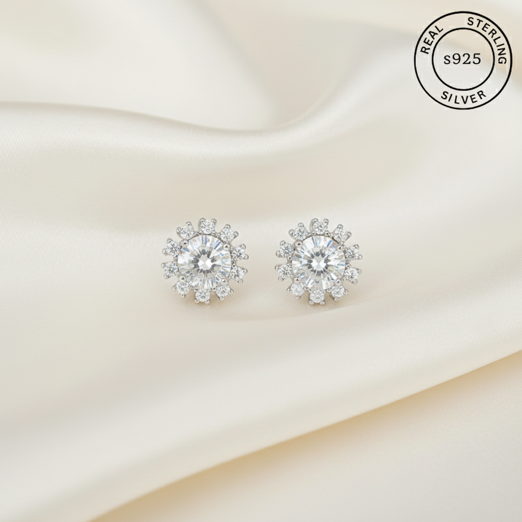 Silver earrings with AAA+ cubic zircons, featuring 'Real Sterling Silver' label.