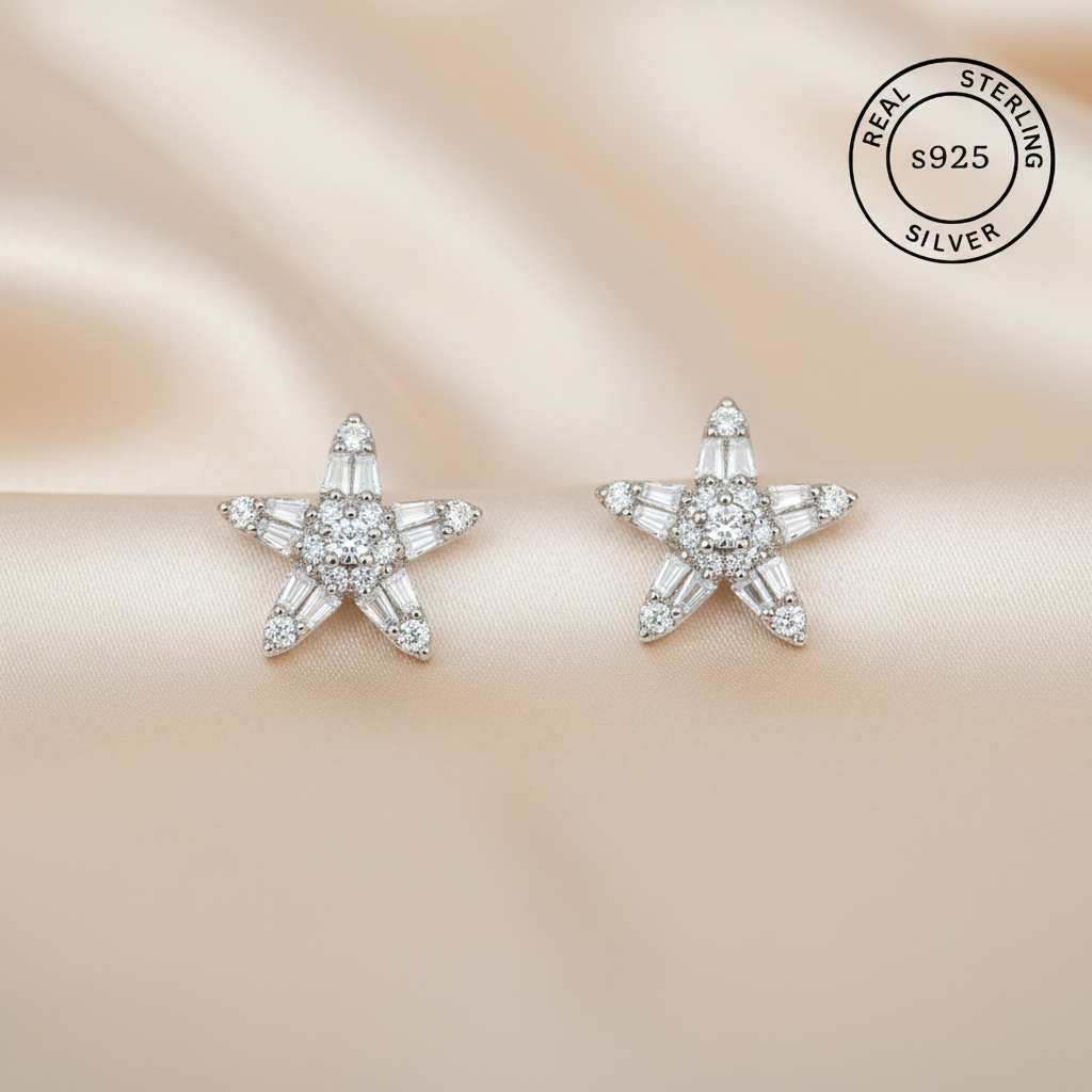 Star-shaped silver earrings with AAA+ cubic zircons , featuring 'Real Sterling Silver S925' label.