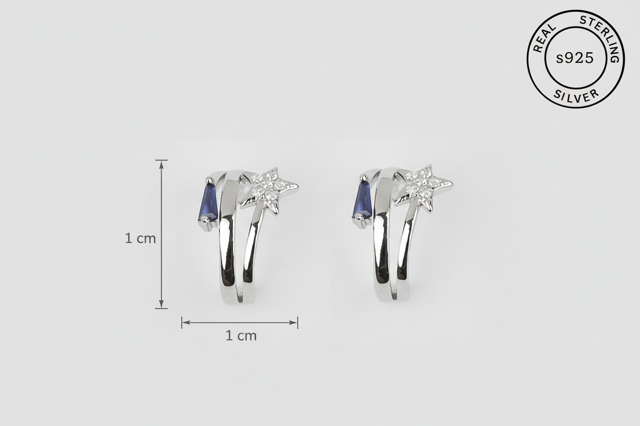 Silver earrings with blue stones and size measurement on a white background