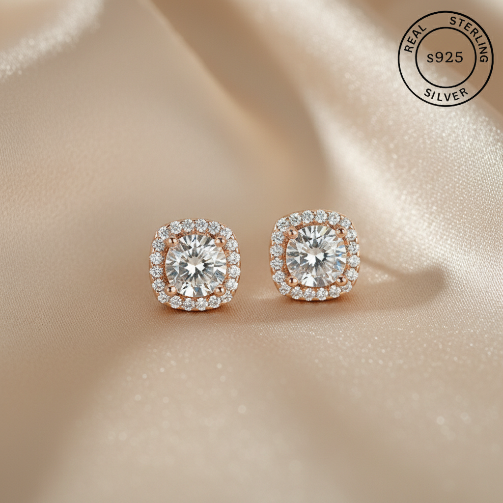 925 Sterling Silver Rosegold Cushion Cut Studs