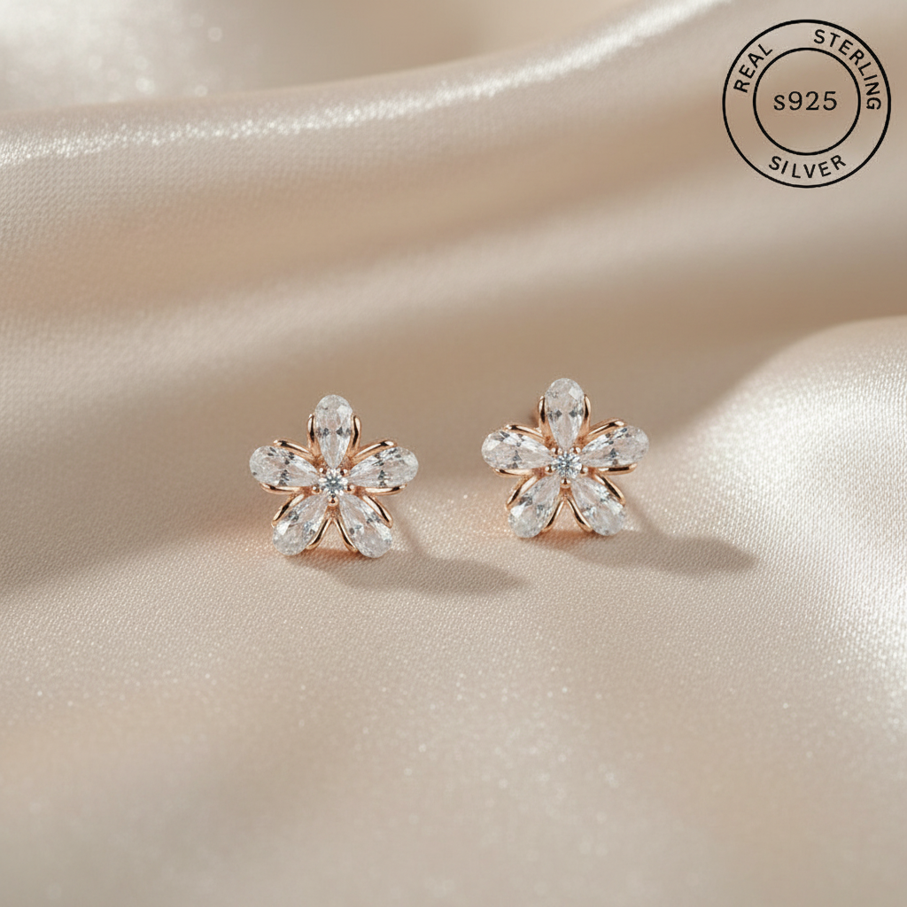 Flower-shaped earrings with AAA+ CZ diamonds featuring 'Real Sterling Silver' certification.