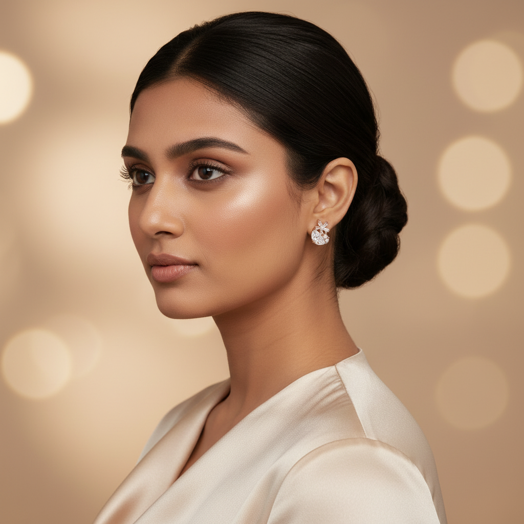 Woman wearing diamond earrings , 925 Sterling Silver Rosegold Celestial Spark Studs