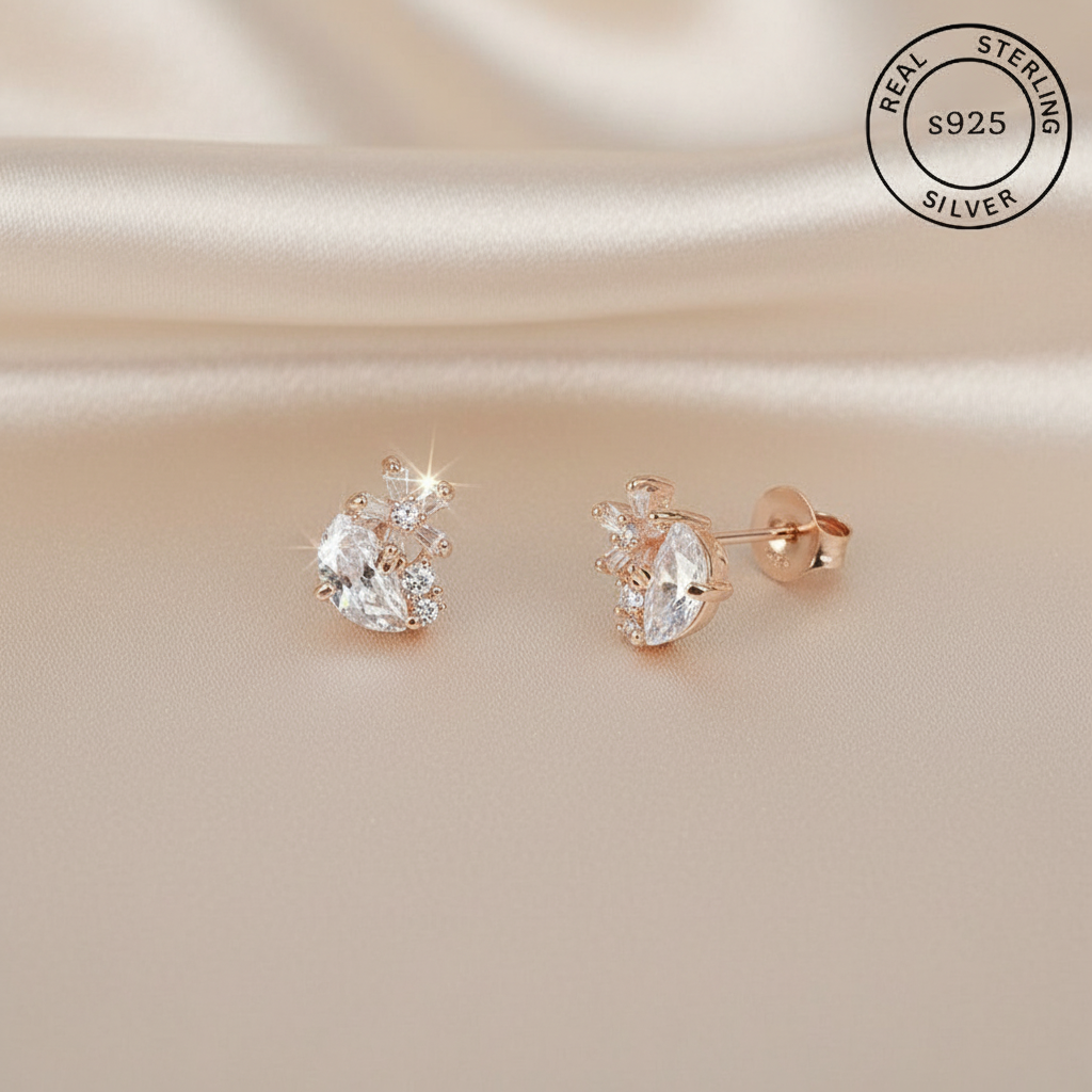 925 Sterling Silver Rosegold Celestial Spark Studs, featuring 'Real Sterling Silver' certification.