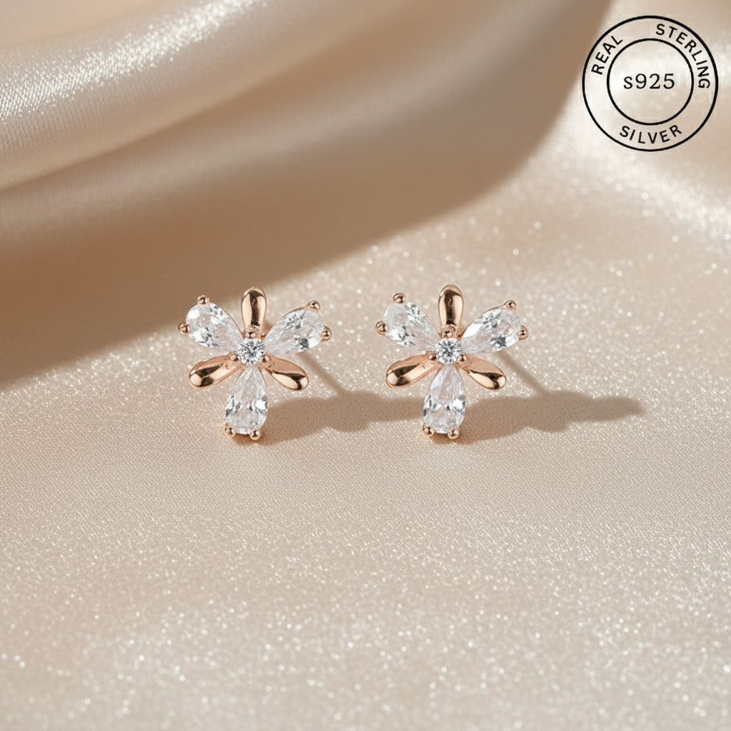 925 Sterling Silver Rosegold Floral Studs