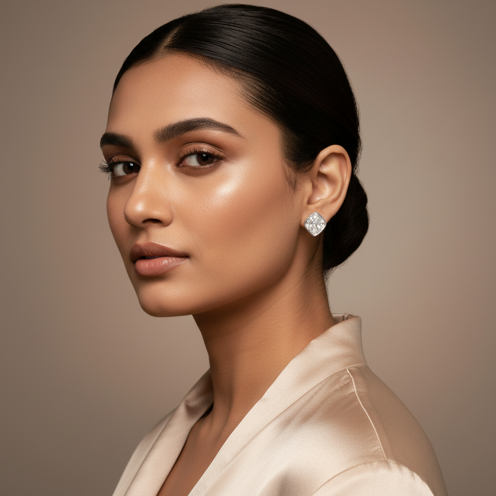 Woman wearing 925 Sterling Silver Luxe Radiance Studs