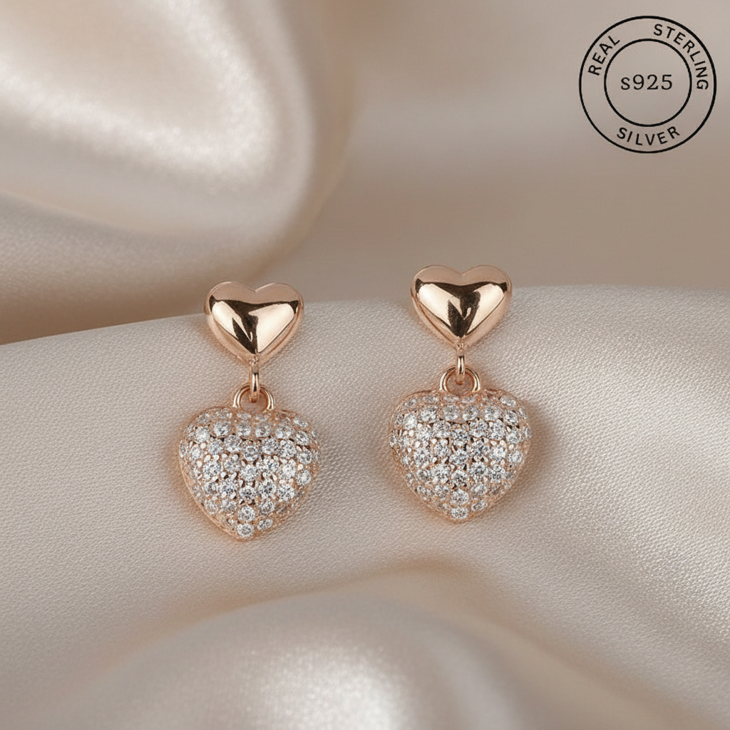 Heart-shaped earrings with rose gold and AAA+ CZ diamonds, featuring 'Real Sterling Silver' certification.