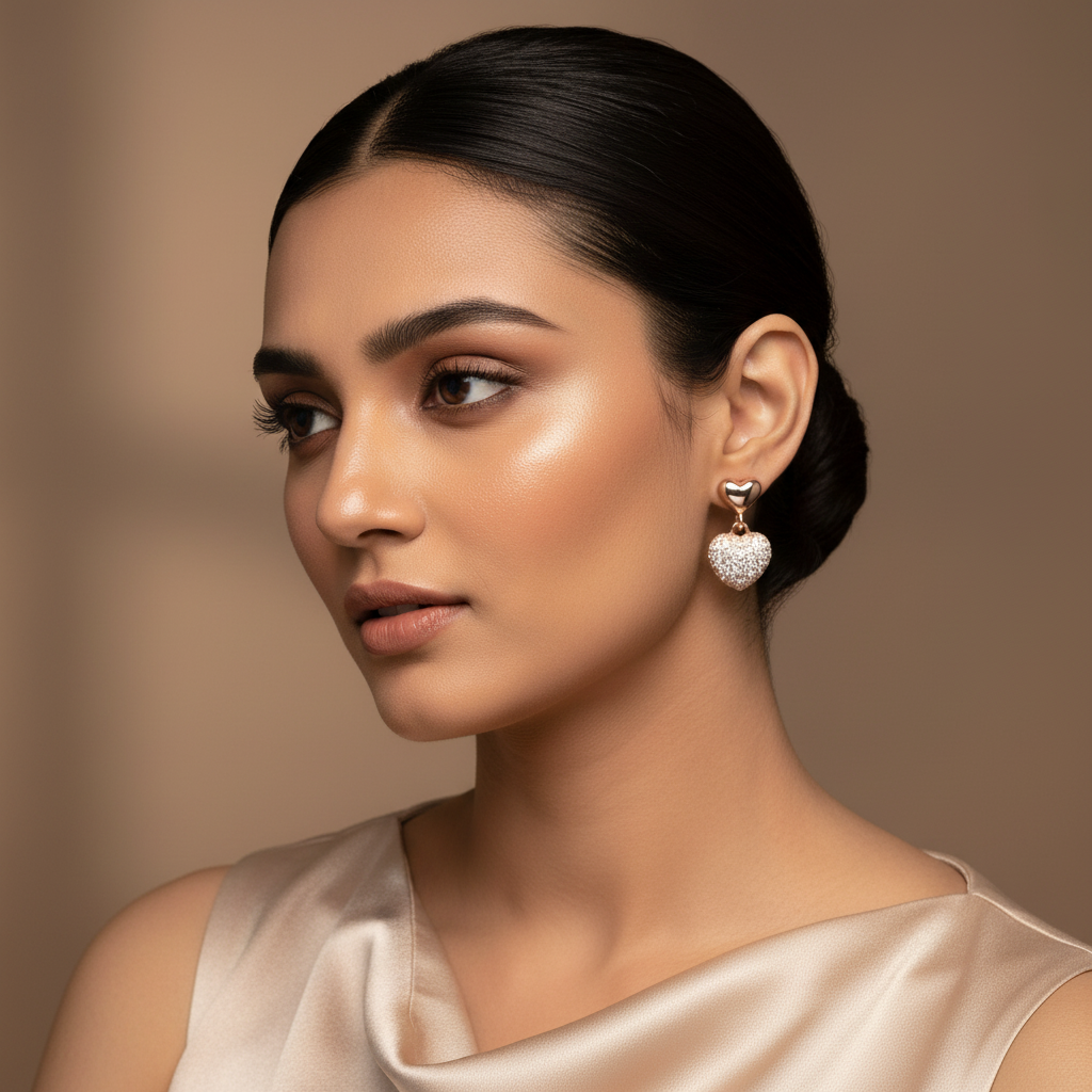 Woman wearing elegant 925 Sterling Silver Rosegold Heart Drop Dangles