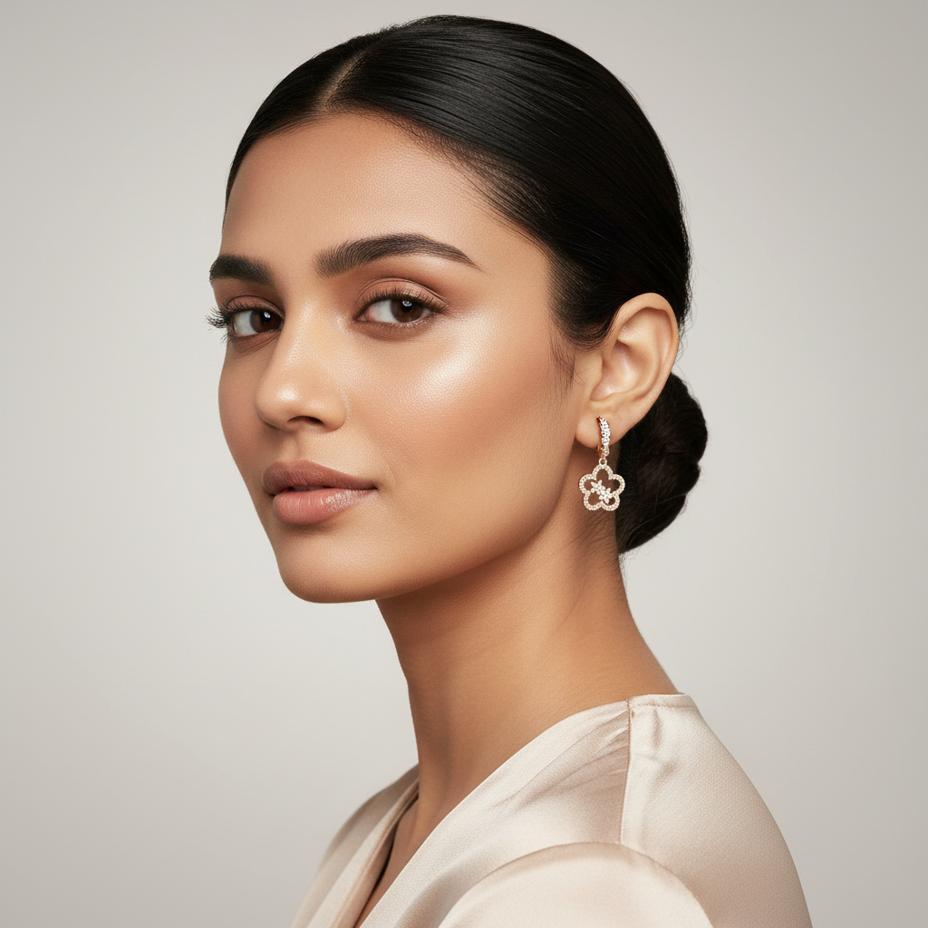 Woman wearing 925 Sterling Silver Rosegold Floral Hoop Dangles
