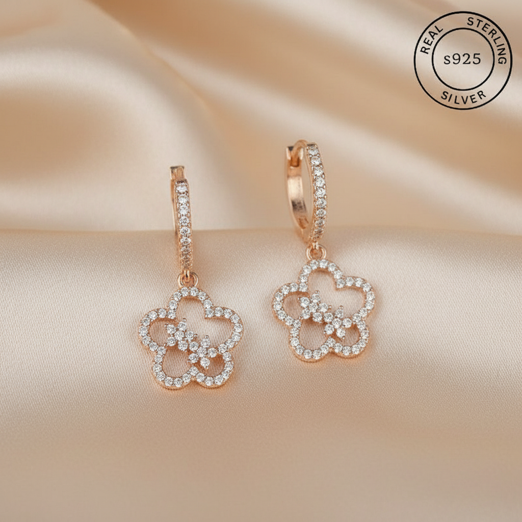 Rose gold flower-shaped earrings with AAA+ Zircon stones featuring 'Real Sterling Silver' stamp.