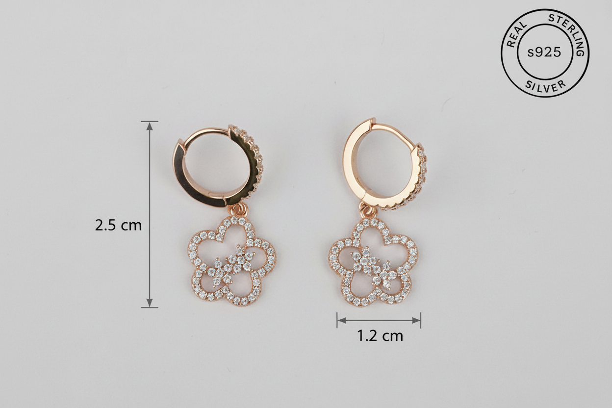 925 Sterling Silver Rosegold Floral Hoop Dangles and measurements 