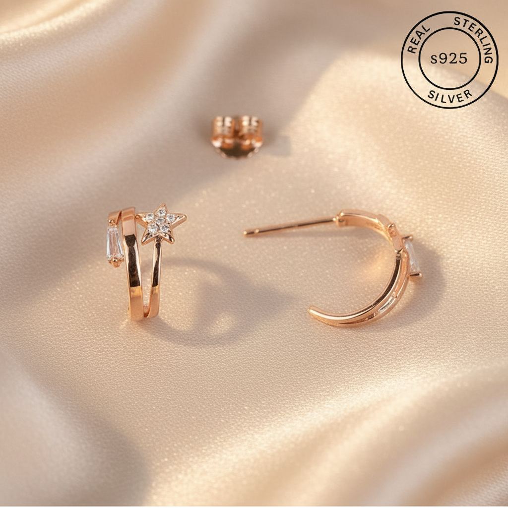 925 Sterling Rosegold C Shaped Star Hoops