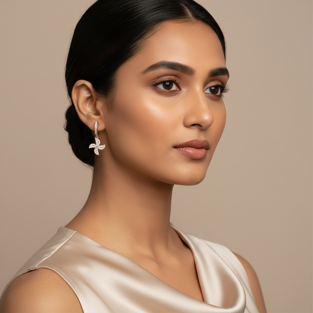Woman wearing 925 Sterling Silver Rosegold Charm Hoops
