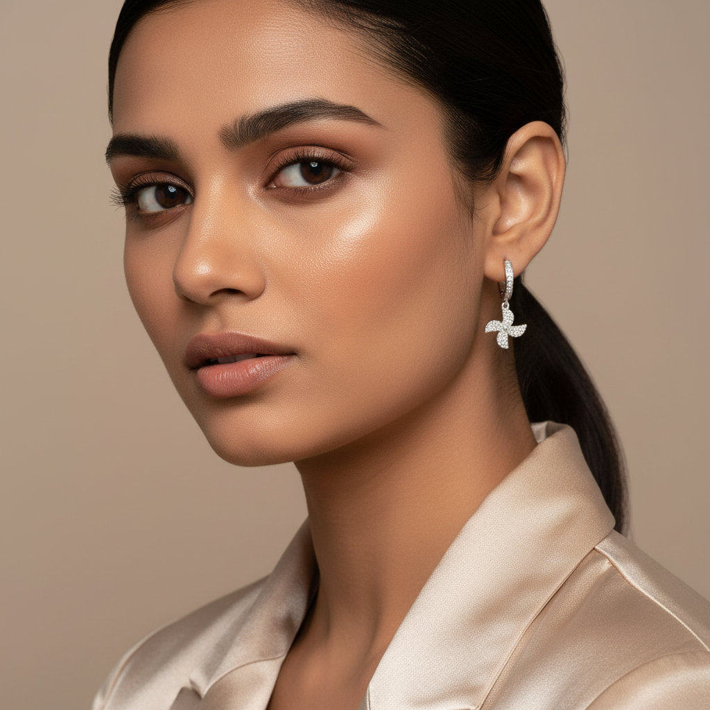 Woman wearing a 925 Sterling Silver Charm Hoops