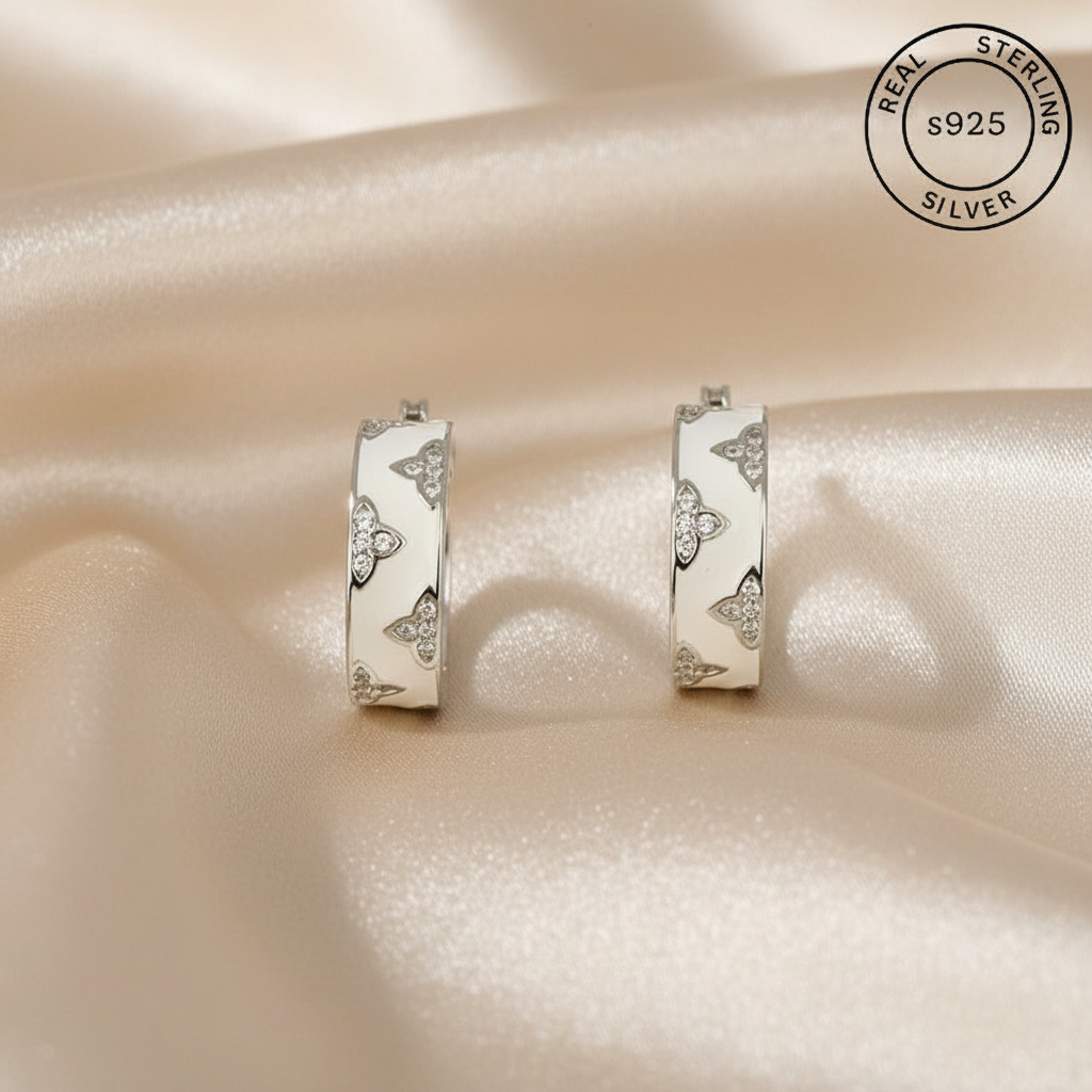 925 Sterling Silver White Enamel C Shaped Hoops